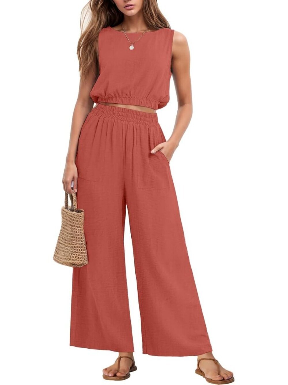 Women's Two Piece Sets Orange Sleeveless Crop Top Wide Leg Pants Travel Outfits